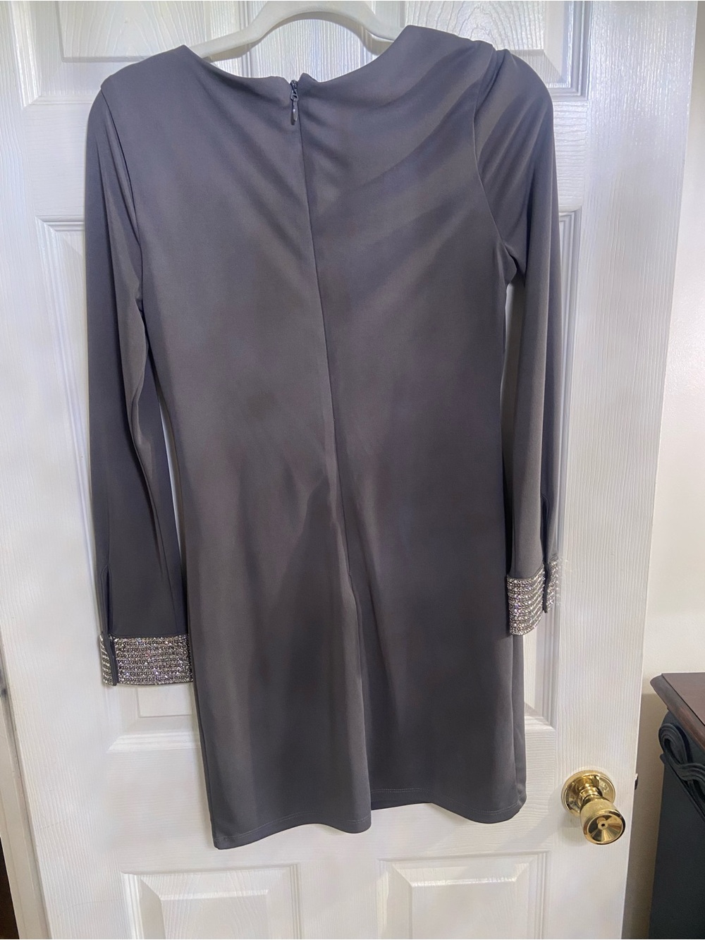 bebe Charcoal Gray Long-Sleeve V-Neck Dress with Beaded Cuffs - Picture 2 of 8